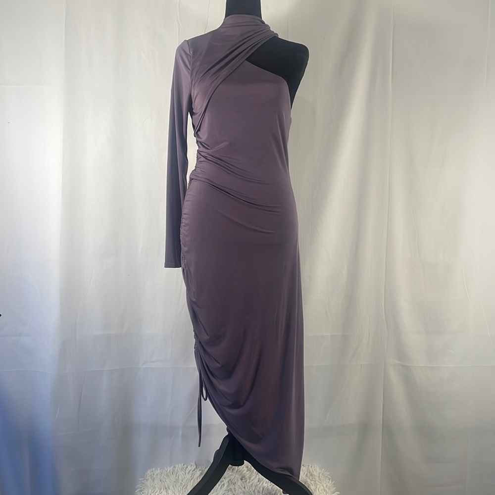 Cutout Detail Ruched Bodycon Dress Mauve Purple,one shoulder,mockneck, Large,NWT - Picture 1 of 11